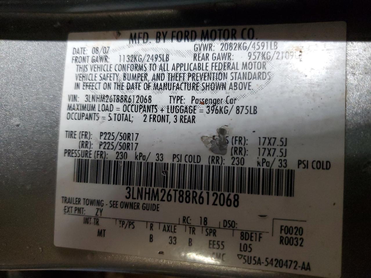 3LNHM26T88R612068 2008 Lincoln Mkz