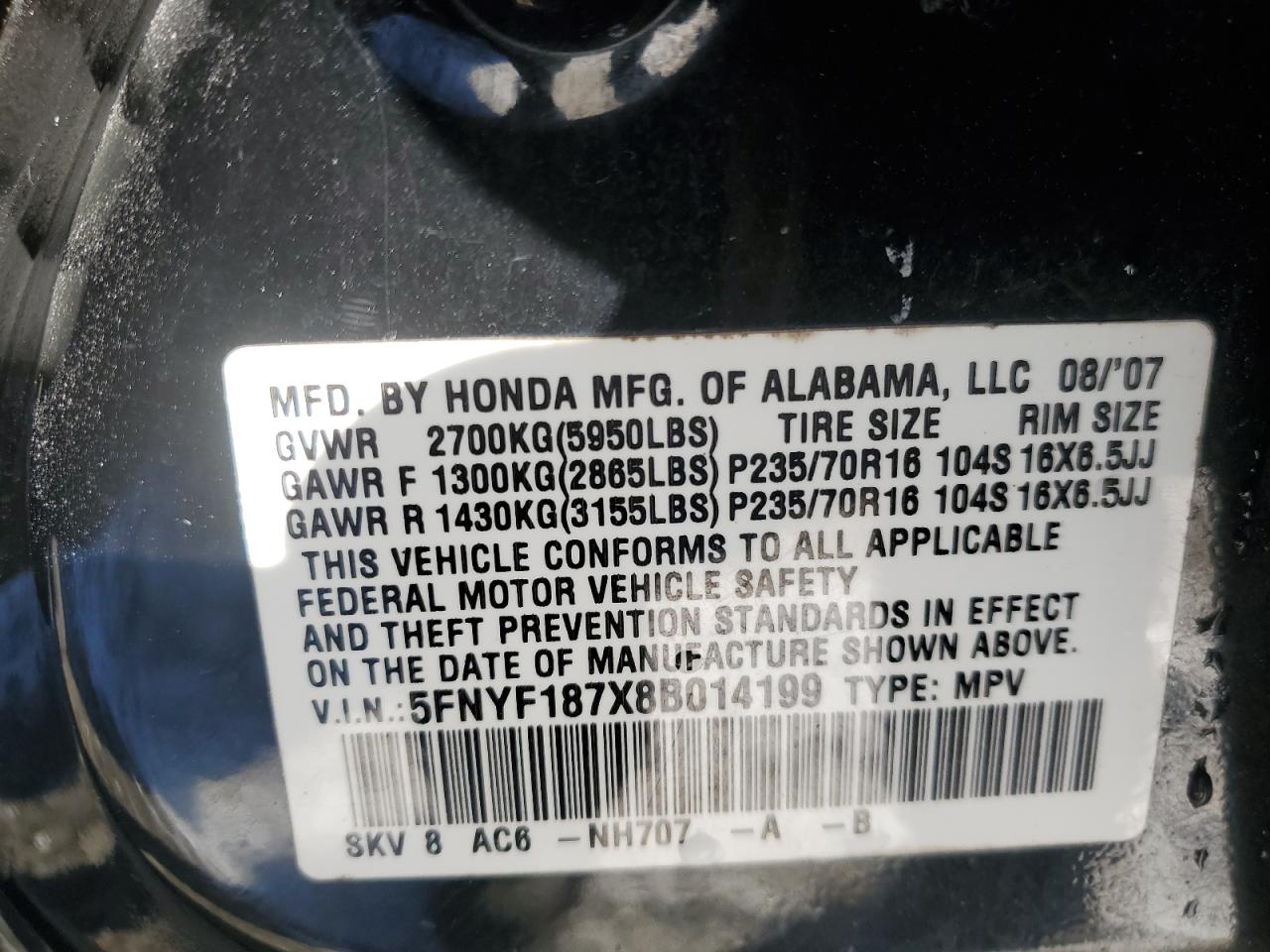 5FNYF187X8B014199 2008 Honda Pilot Exl