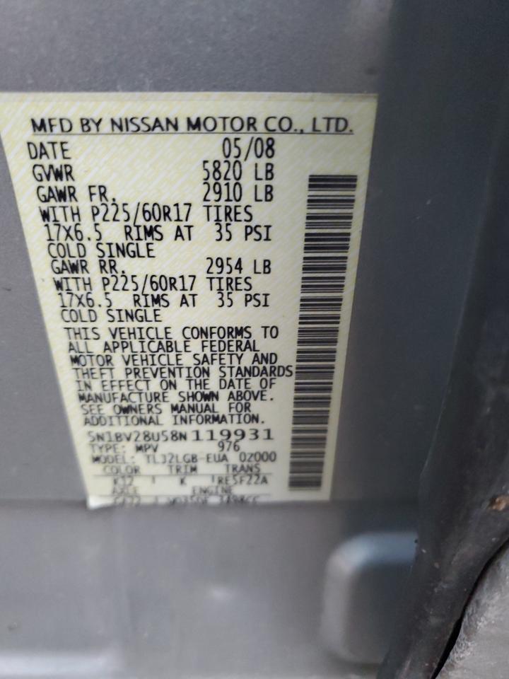 5N1BV28U58N119931 2008 Nissan Quest S