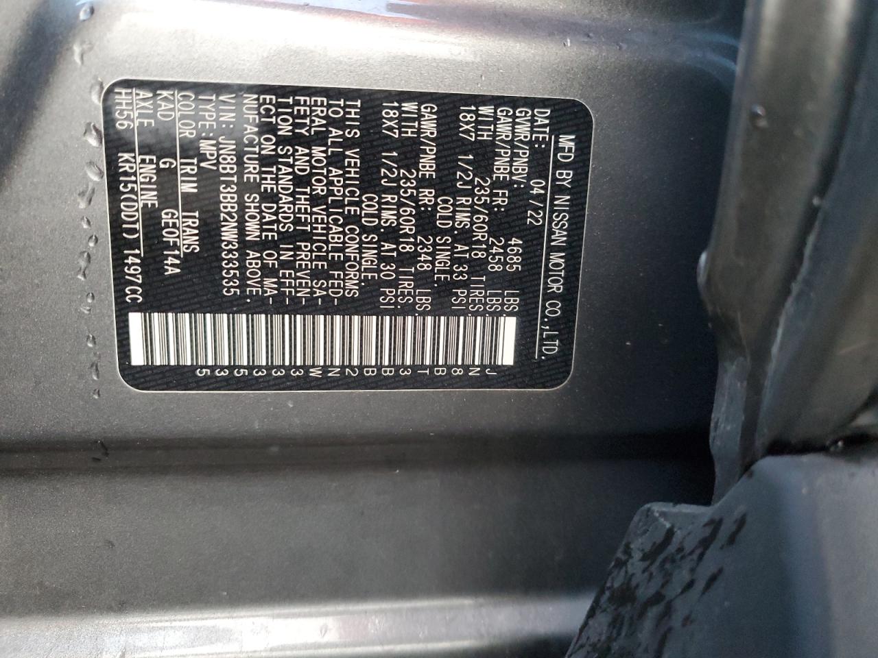 JN8BT3BB2NW333535 NISSAN ROGUE 2022
