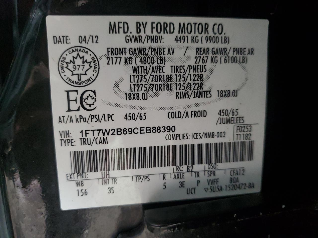 2012 Ford F250 Super Duty vin: 1FT7W2B69CEB88390