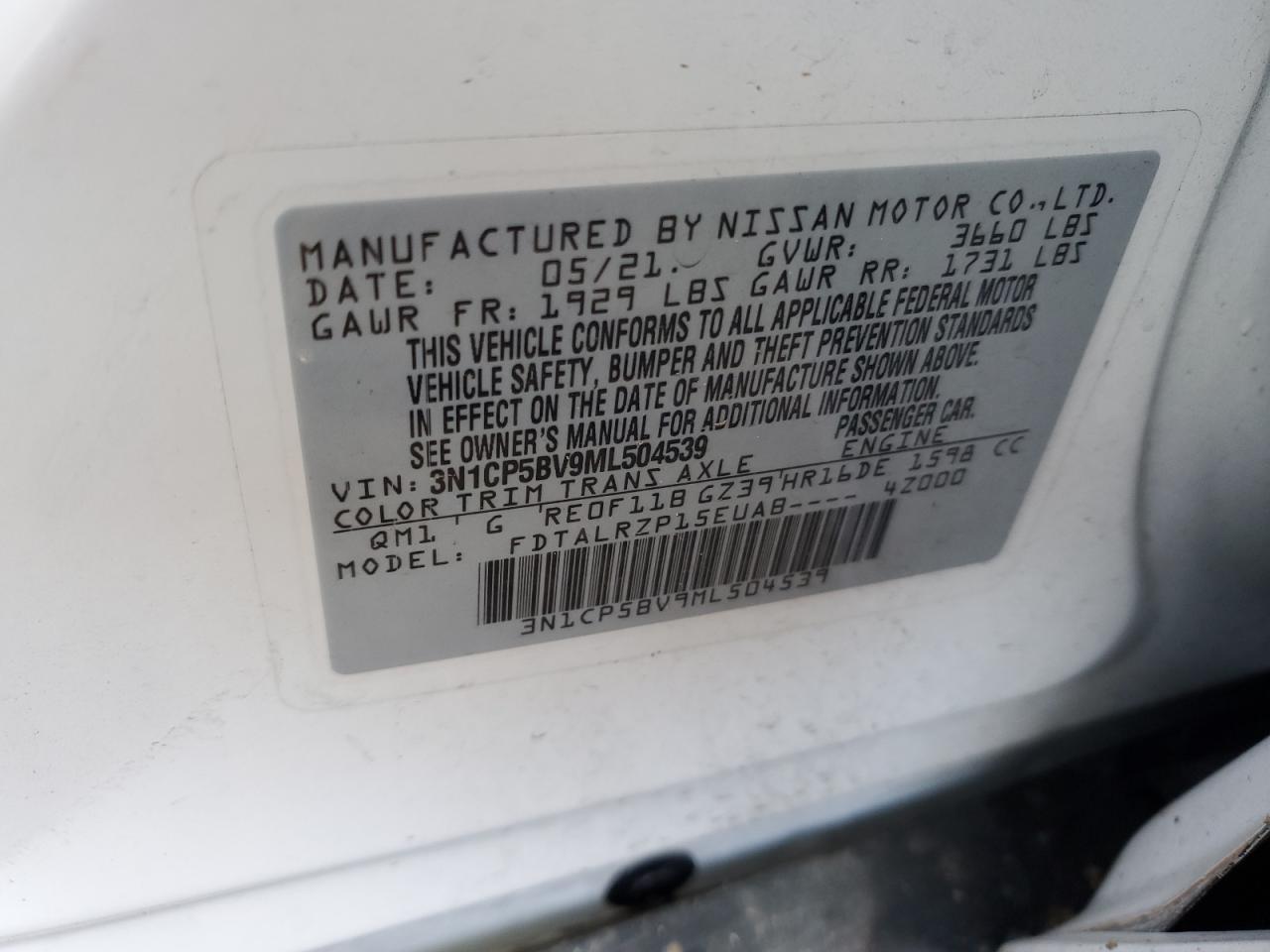 3N1CP5BV9ML504539 2021 Nissan Kicks S