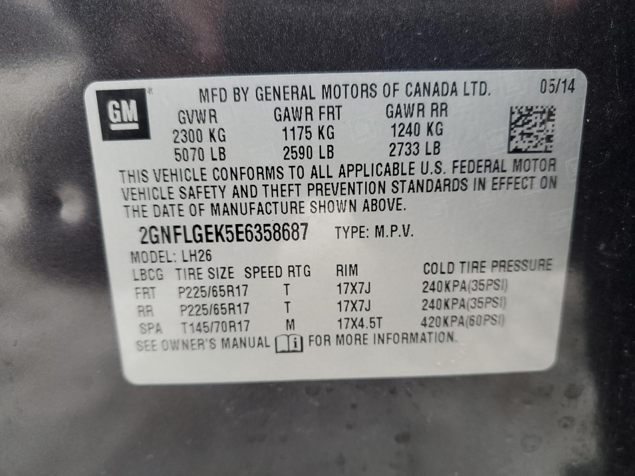 2GNFLGEK5E6358687 2014 Chevrolet Equinox Lt