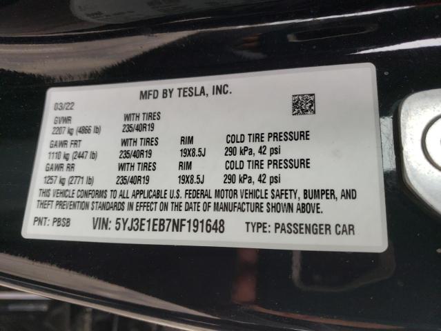 5YJ3E1EB7NF191648 | 2022 TESLA MODEL 3