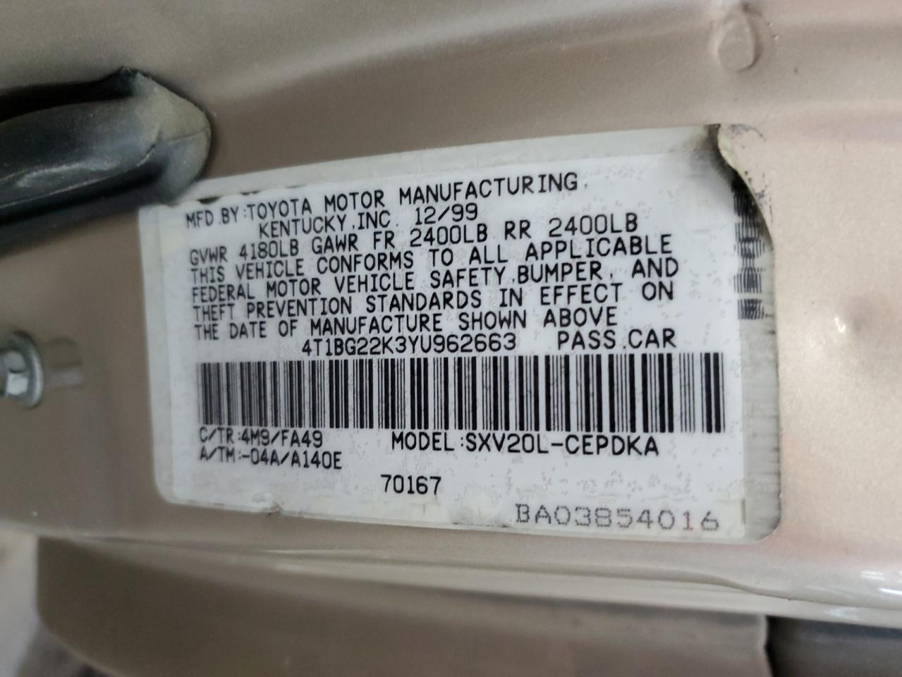 4T1BG22K3YU962663 2000 Toyota Camry Ce
