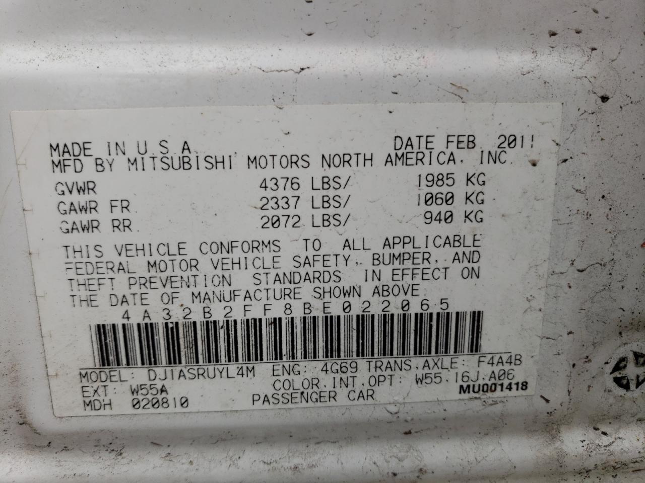 4A32B2FF8BE022065 2011 Mitsubishi Galant Fe