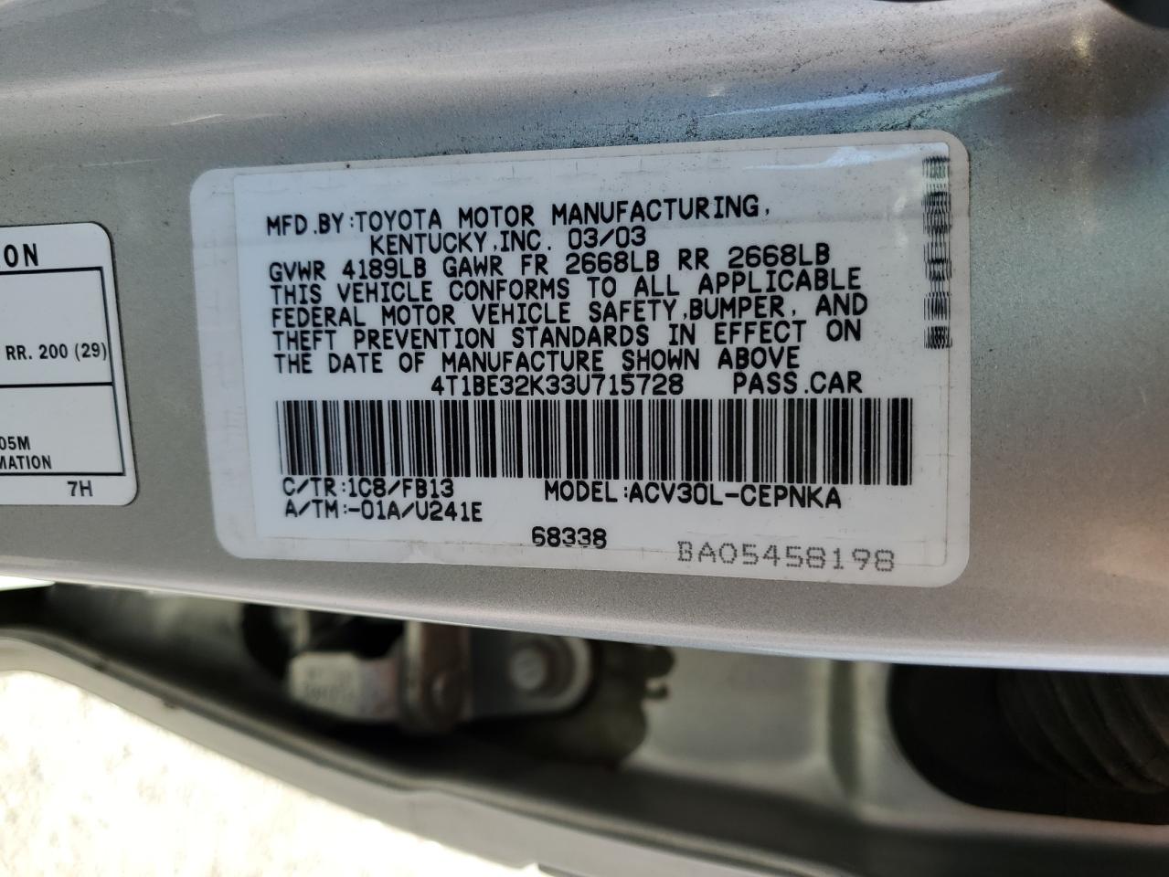 4T1BE32K33U715728 2003 Toyota Camry Le