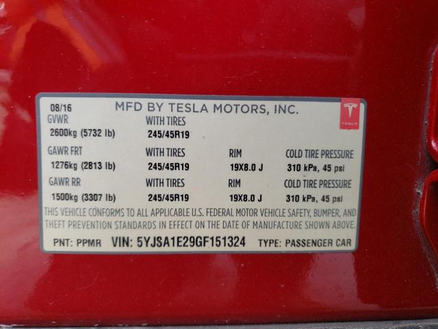 5YJSA1E29GF151324 | 2016 TESLA MODEL S