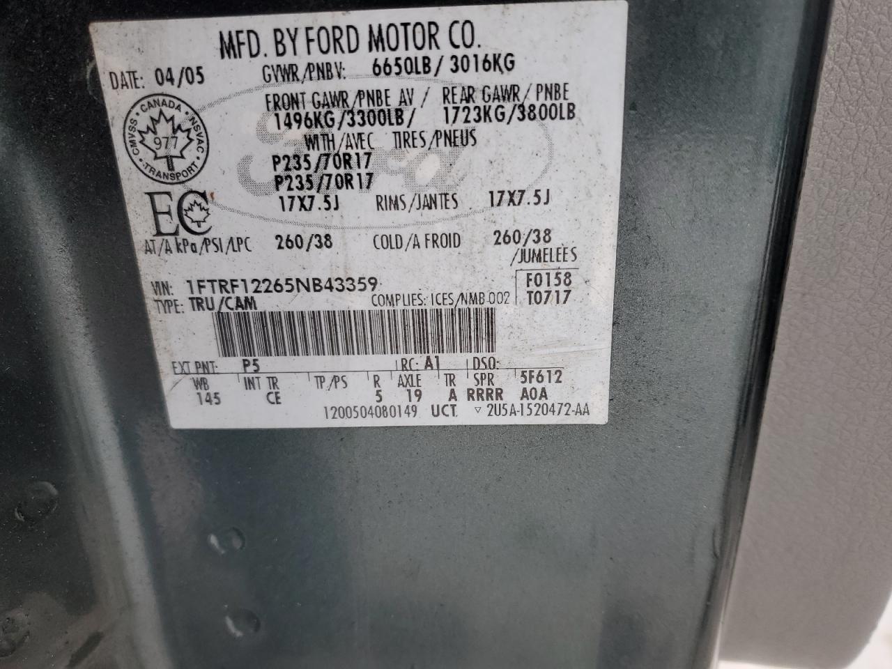 1FTRF12265NB43359 2005 Ford F150