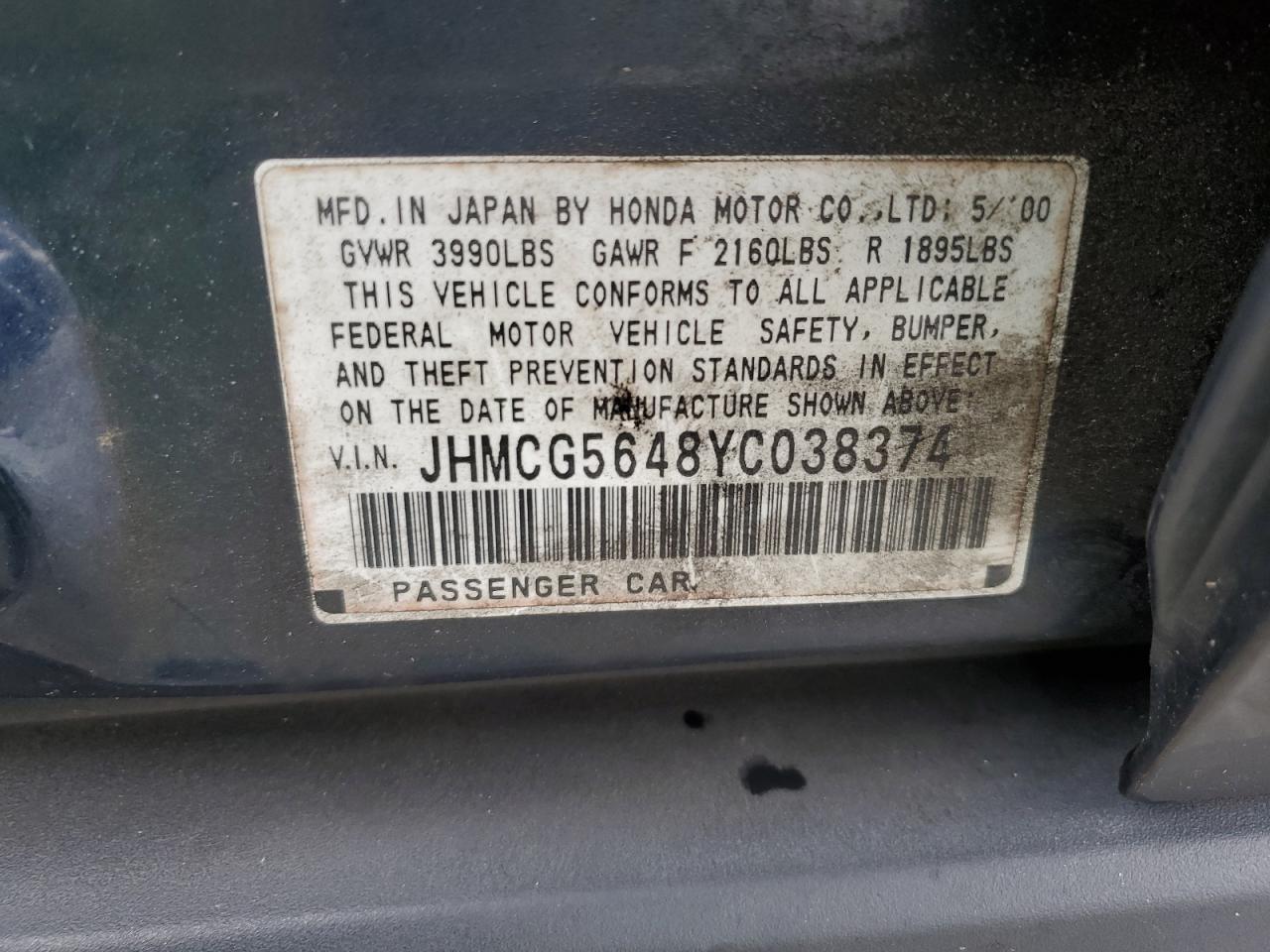 jhmcg5648yc038374 JHMCG5648YC038374 2000 Honda Accord Lx