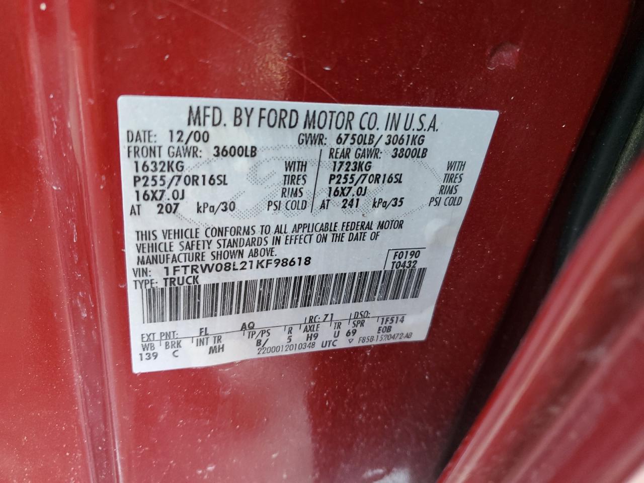 1FTRW08L21KF98618 2001 Ford F150 Supercrew