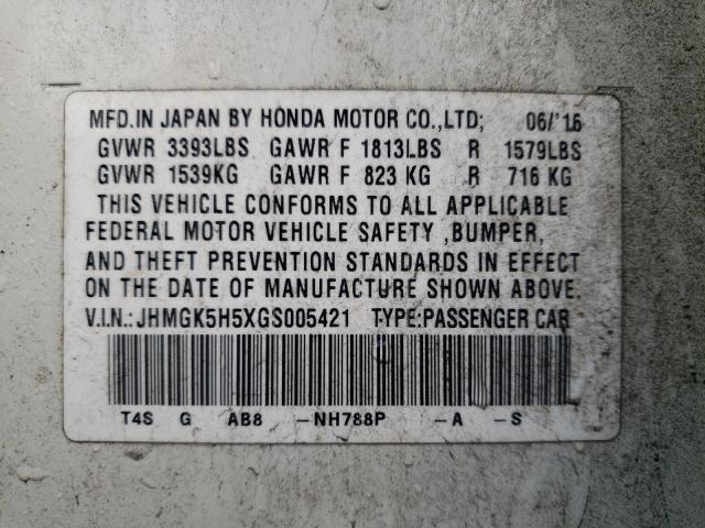 JHMGK5H5XGS005421 | 2016 HONDA FIT LX