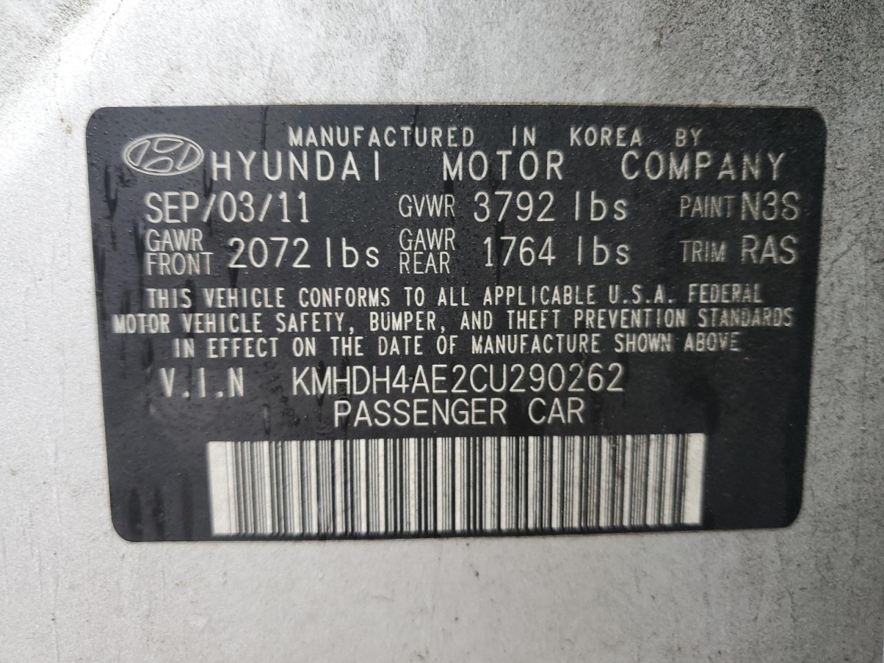 kmhdh4ae2cu290262 KMHDH4AE2CU290262 2012 Hyundai Elantra Gls