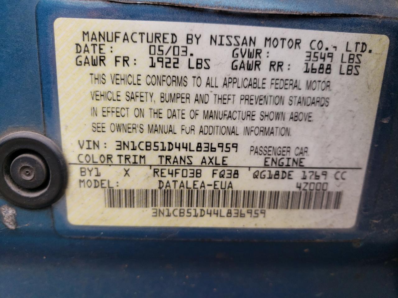 3N1CB51D44L836959 2004 Nissan Sentra 1.8