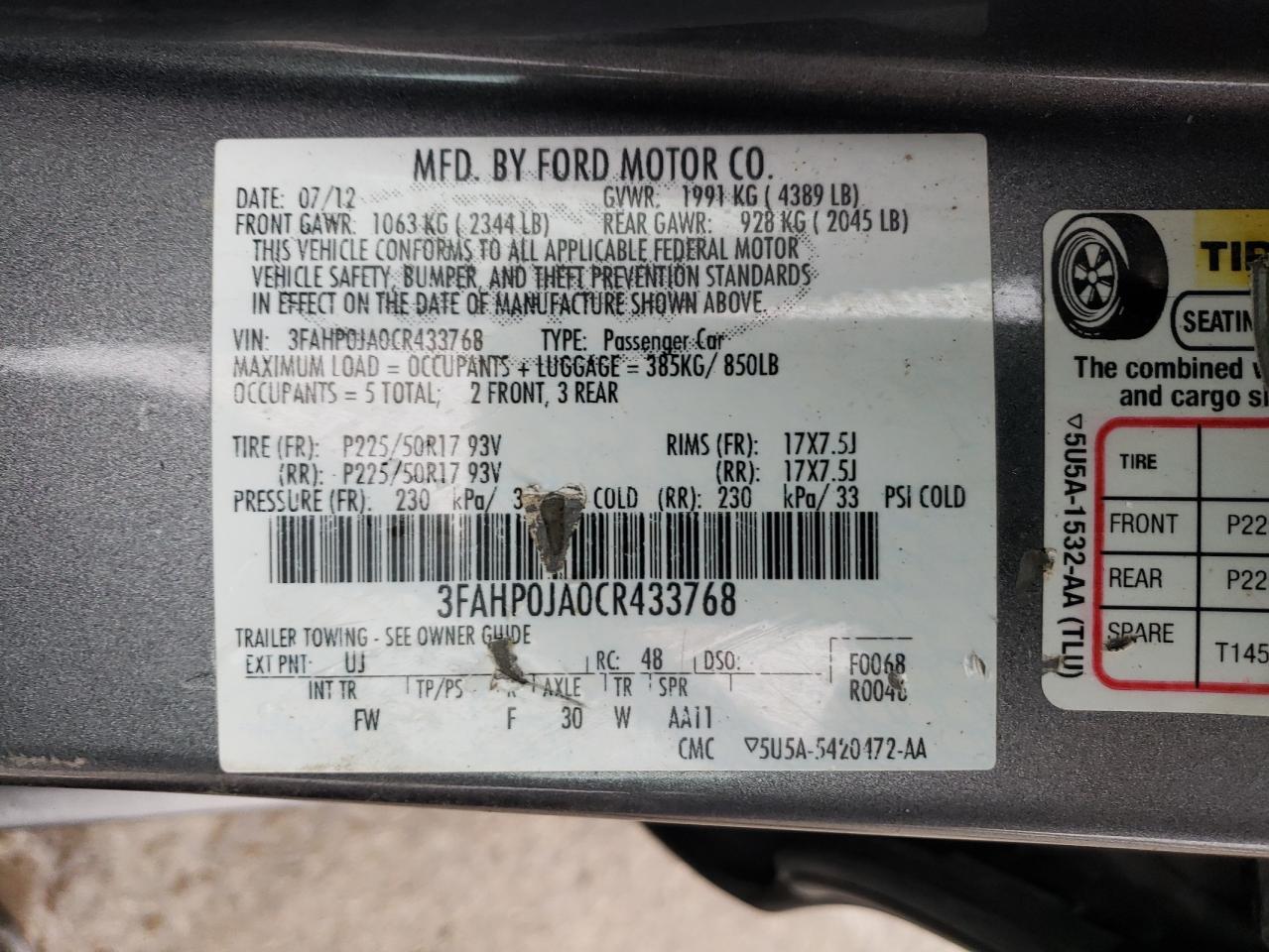 3FAHP0JA0CR433768 2012 Ford Fusion Sel
