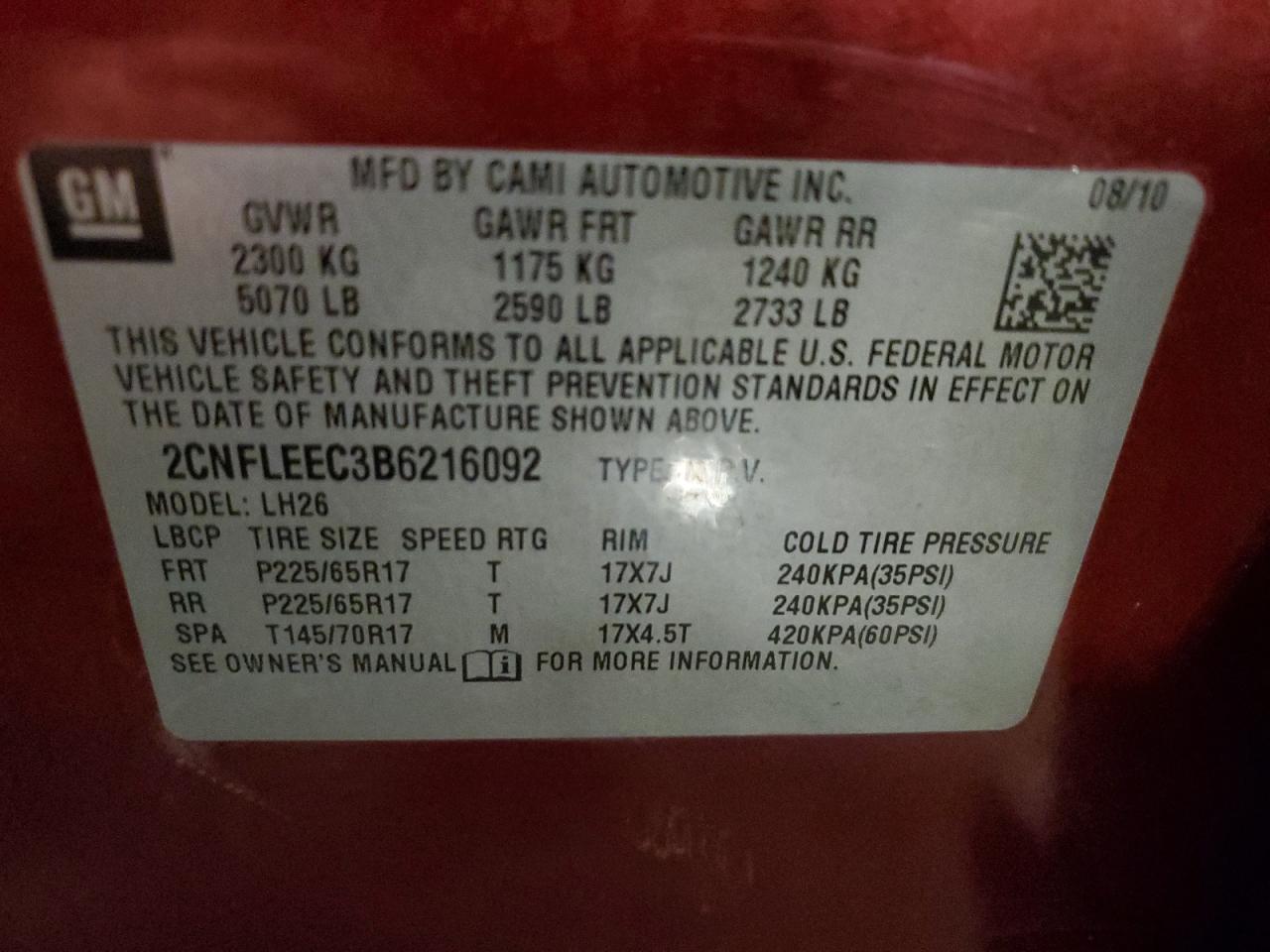 2CNFLEEC3B6216092 2011 Chevrolet Equinox Lt