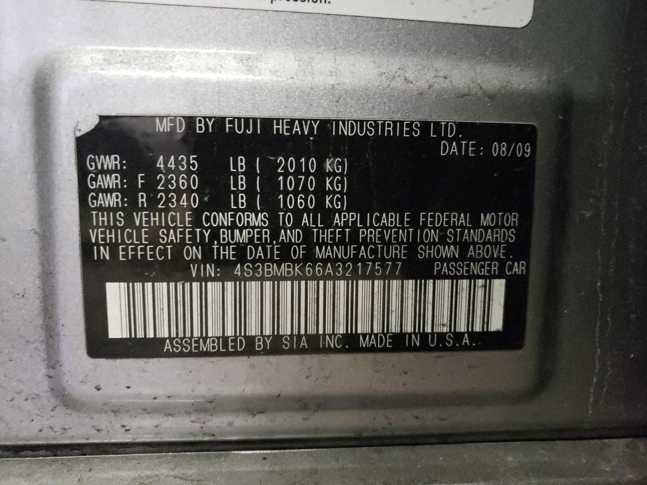 4S3BMBK66A3217577 2010 Subaru Legacy 2.5I Limited