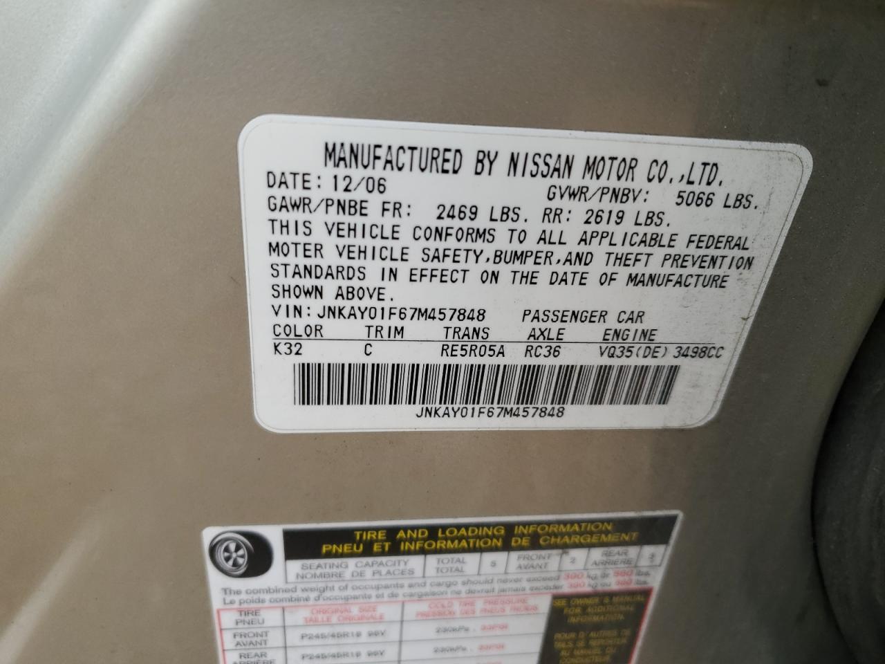JNKAY01F67M457848 2007 Infiniti M35 Base JNKAY01F67M457848 2007 Infiniti M35 Base