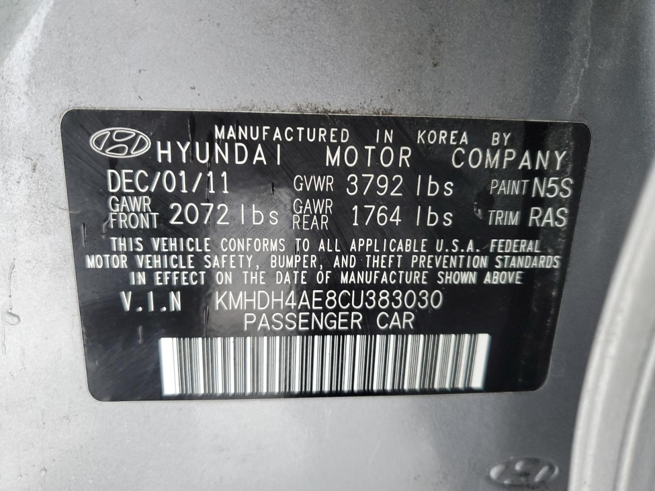 KMHDH4AE8CU383030 2012 Hyundai Elantra Gls