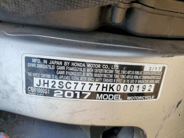 2017 HONDA CBR1000 SP - JH2SC7777HK000192