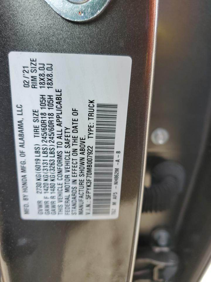 5FPYK3F70MB007922 2021 Honda Ridgeline Rtl 5FPYK3F70MB007922 2021 Honda Ridgeline Rtl