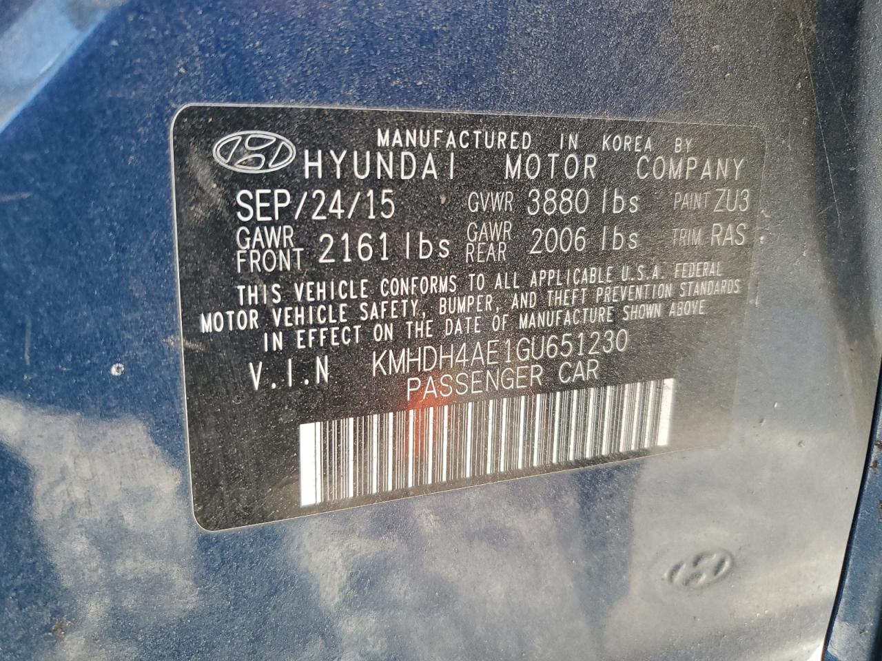 KMHDH4AE1GU651230 2016 Hyundai Elantra Se