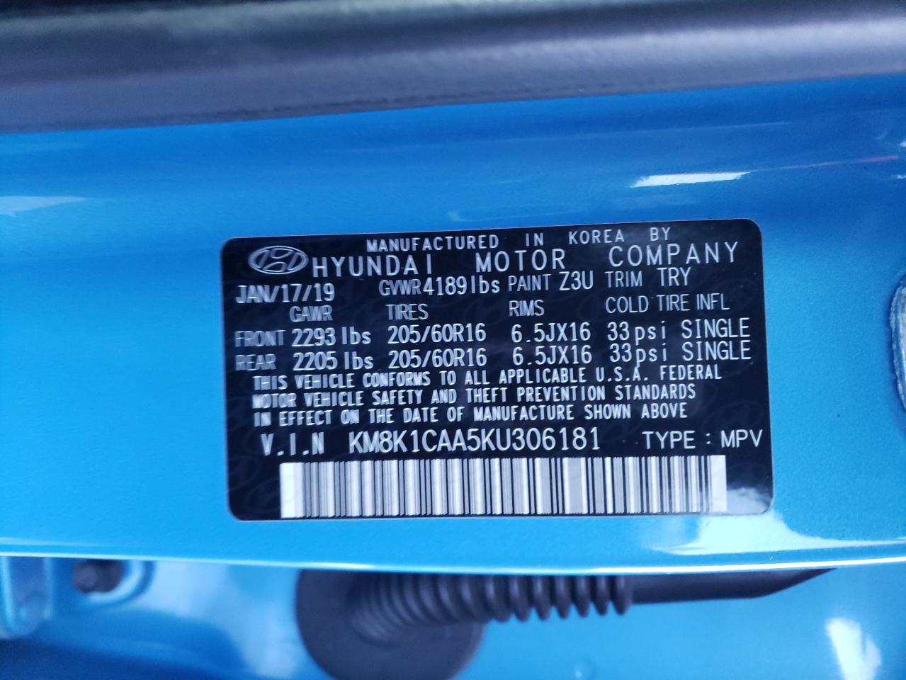 2019 Hyundai Kona Se vin: KM8K1CAA5KU306181