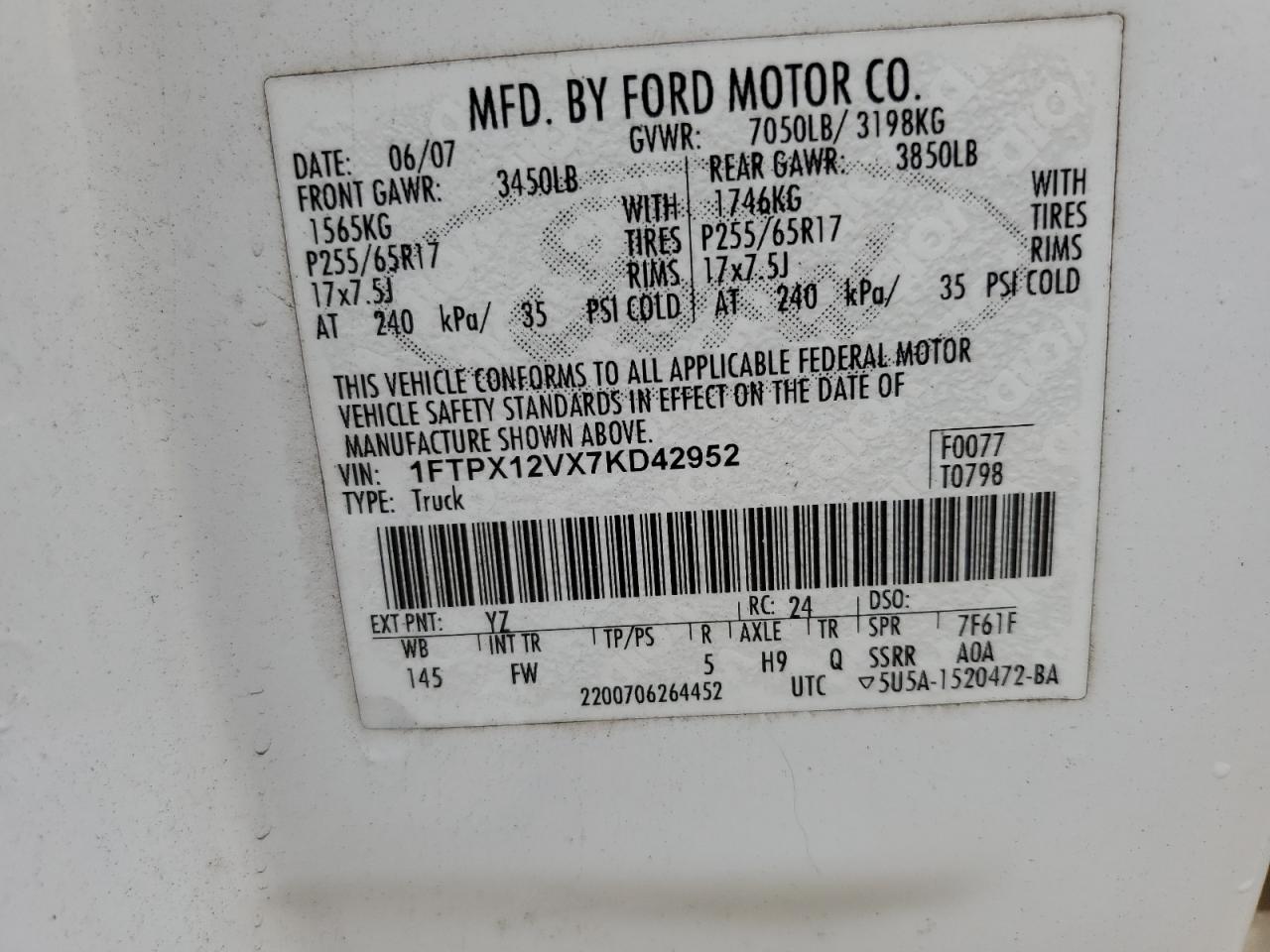 1FTPX12VX7KD42952 2007 Ford F150