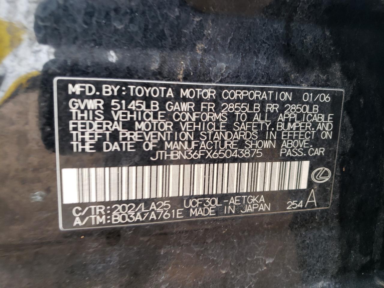 JTHBN36FX65043875 2006 Lexus Ls 430 JTHBN36FX65043875 2006 Lexus Ls 430
