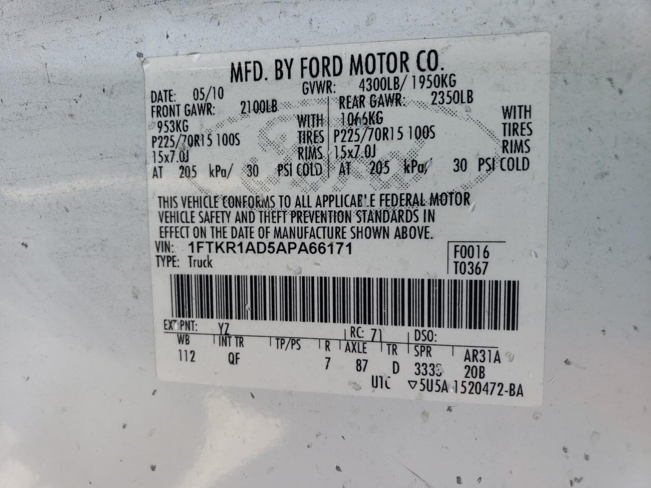 1FTKR1AD5APA66171 2010 Ford Ranger