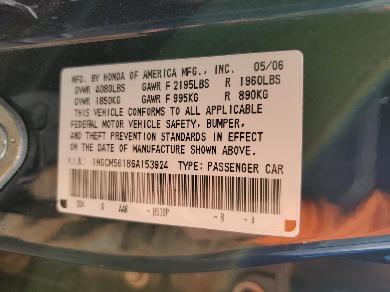 1hgcm56186a153924 1HGCM56186A153924 2006 Honda Accord Value