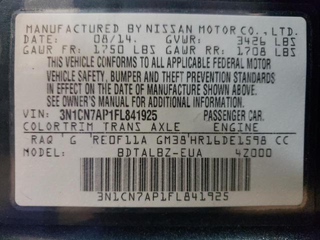 2015 Nissan Versa S VIN: 3N1CN7AP1FL841925 Lot: 37442224