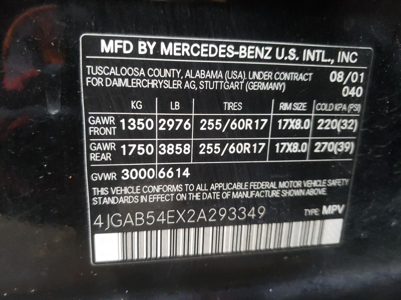 4JGAB54EX2A293349 2002 Mercedes-Benz Ml 320