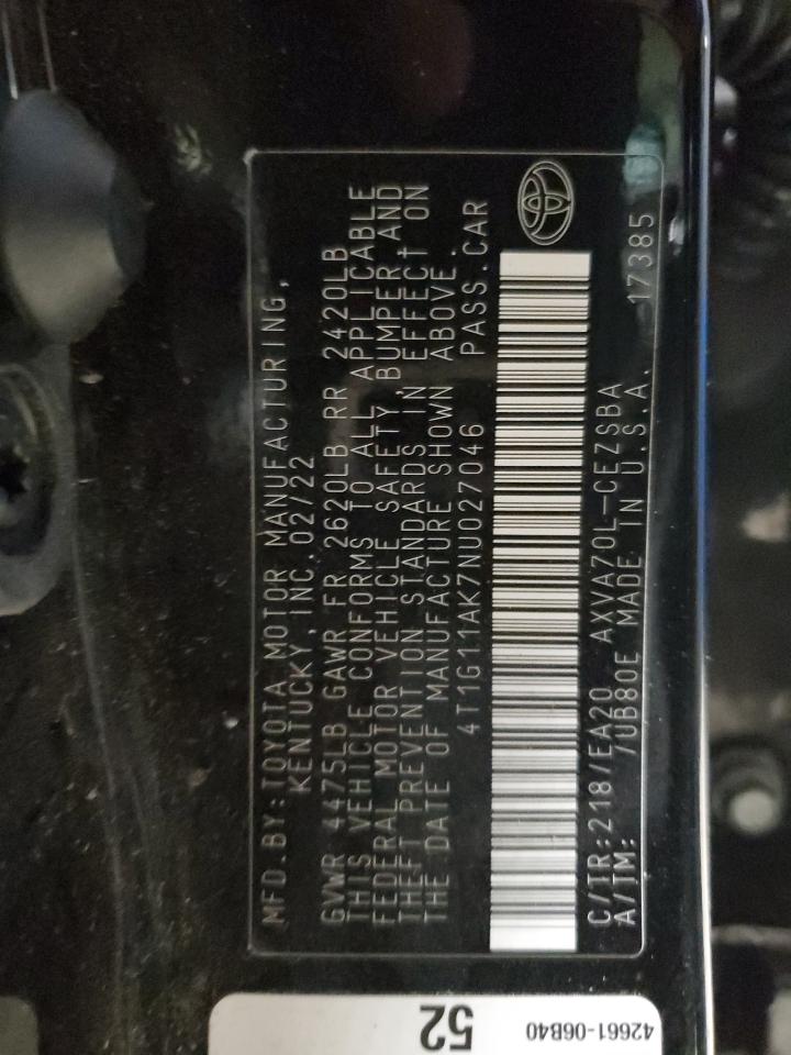 4t1g11ak7nu027046 4T1G11AK7NU027046 2022 Toyota Camry Se