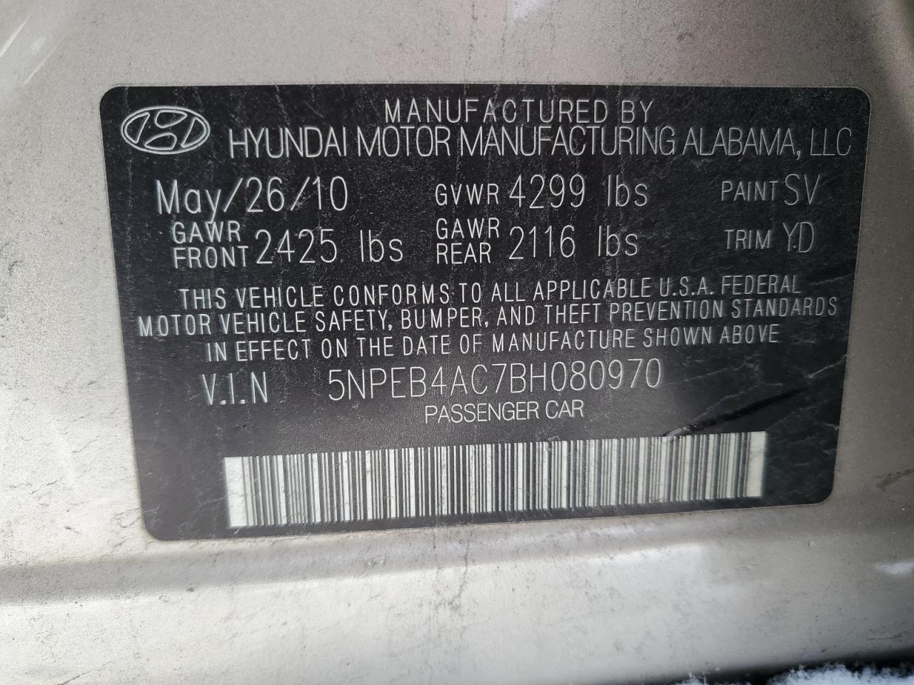 5NPEB4AC7BH080970 2011 Hyundai Sonata Gls