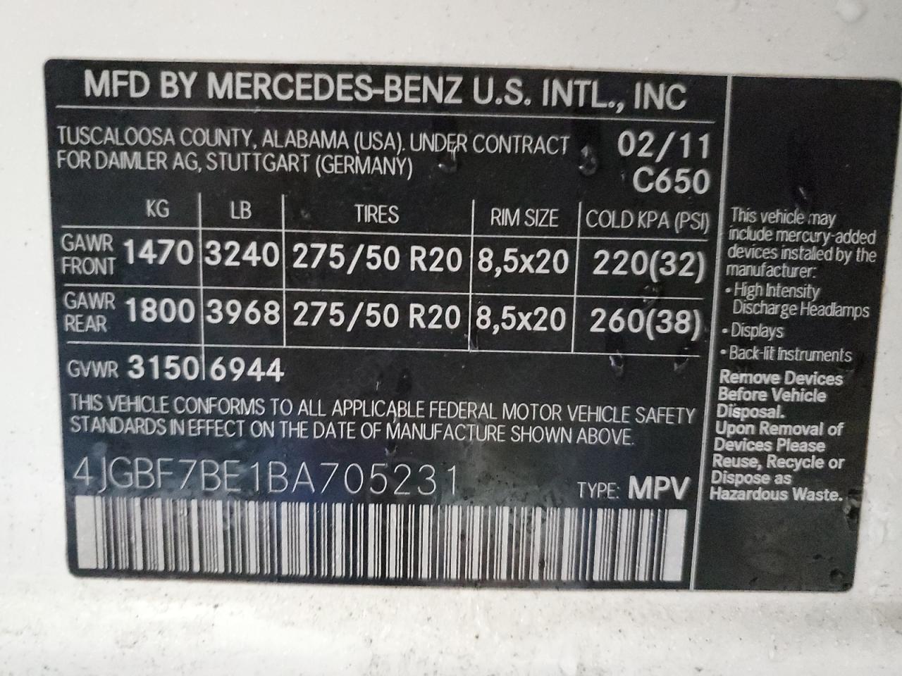 4JGBF7BE1BA705231 2011 Mercedes-Benz Gl 450 4Matic