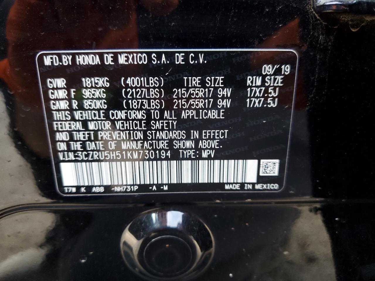 3CZRU5H51KM730194 2019 Honda Hr-V Ex