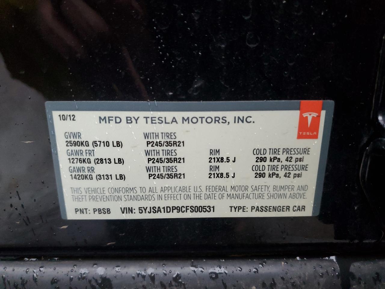 5YJSA1DP9CFS00531 2012 Tesla Model S