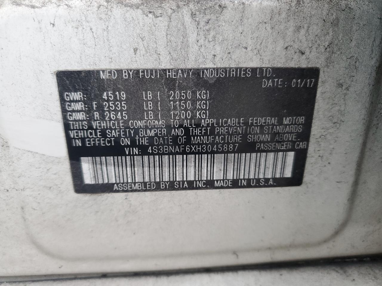 4S3BNAF6XH3045887 2017 Subaru Legacy 2.5I Premium