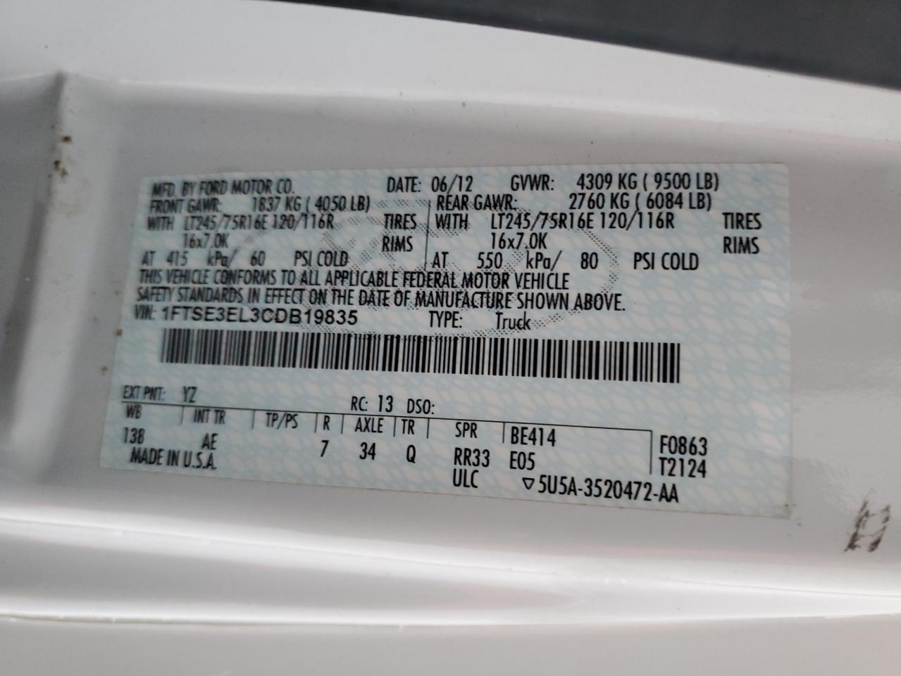 1FTSE3EL3CDB19835 2012 Ford Econoline E350 Super Duty Van