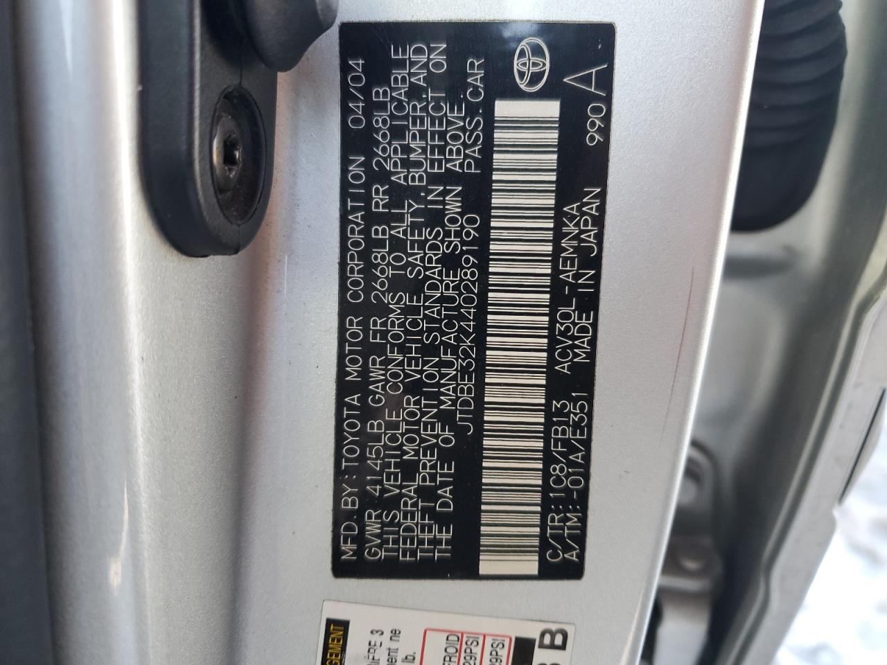 JTDBE32K440289190 2004 Toyota Camry Le