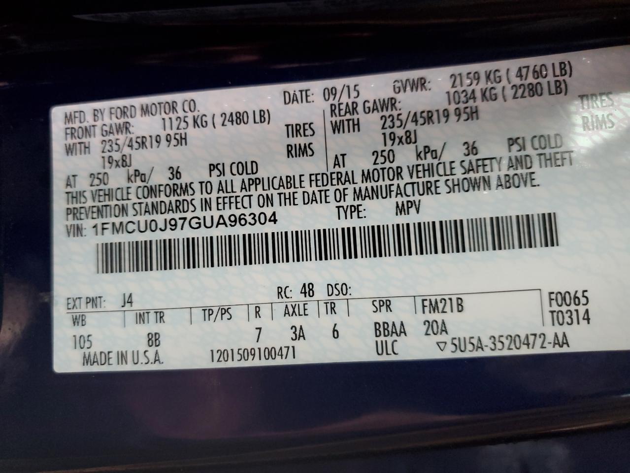 1FMCU0J97GUA96304 FORD ESCAPE 2016