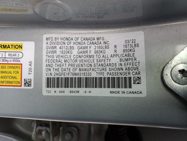 2HGFE1F76NH318330 | 2022 HONDA CIVIC EX