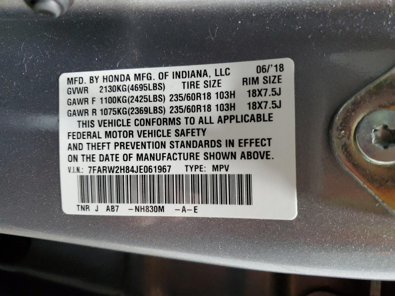 VIN: 7FARW2H84JE061967 2018 HONDA CRV