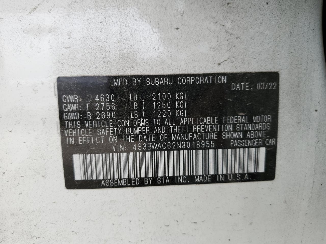 4s3bwac62n3018955 4S3BWAC62N3018955 2022 Subaru Legacy Premium