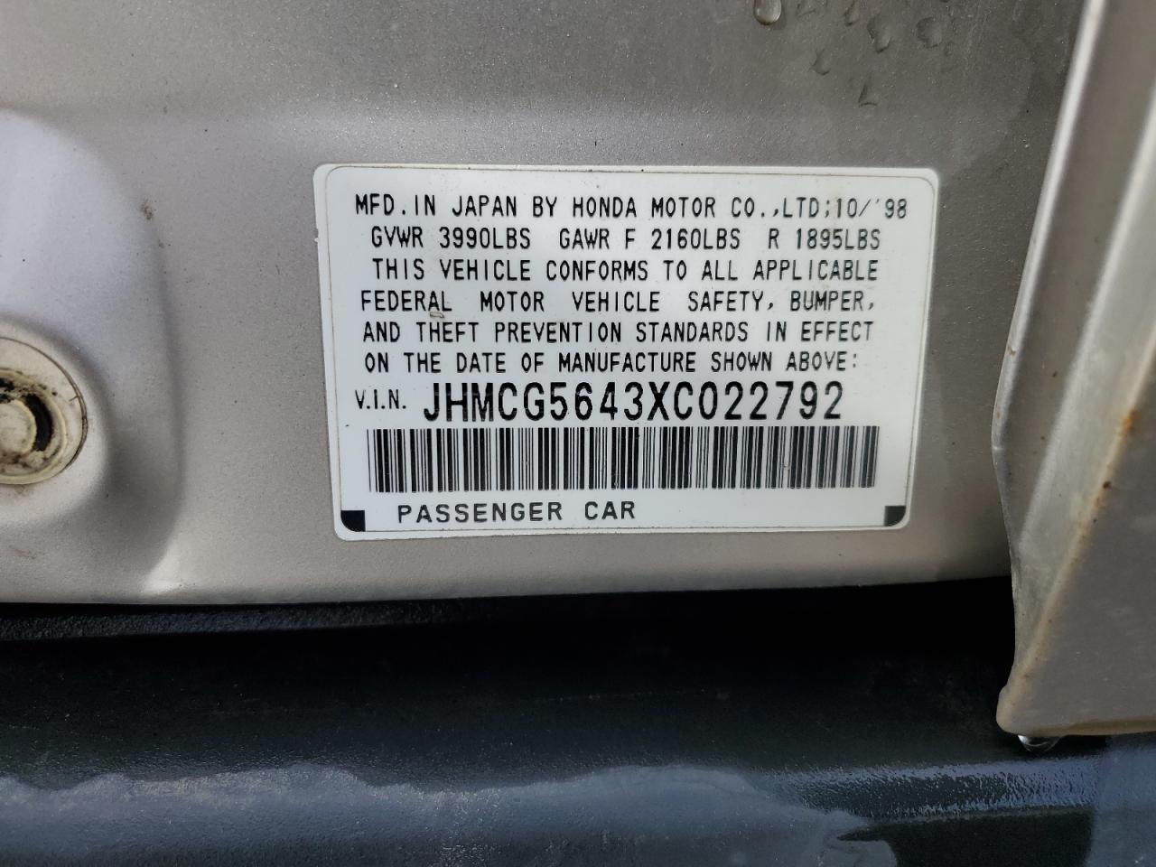 JHMCG5643XC022792 1999 Honda Accord Lx