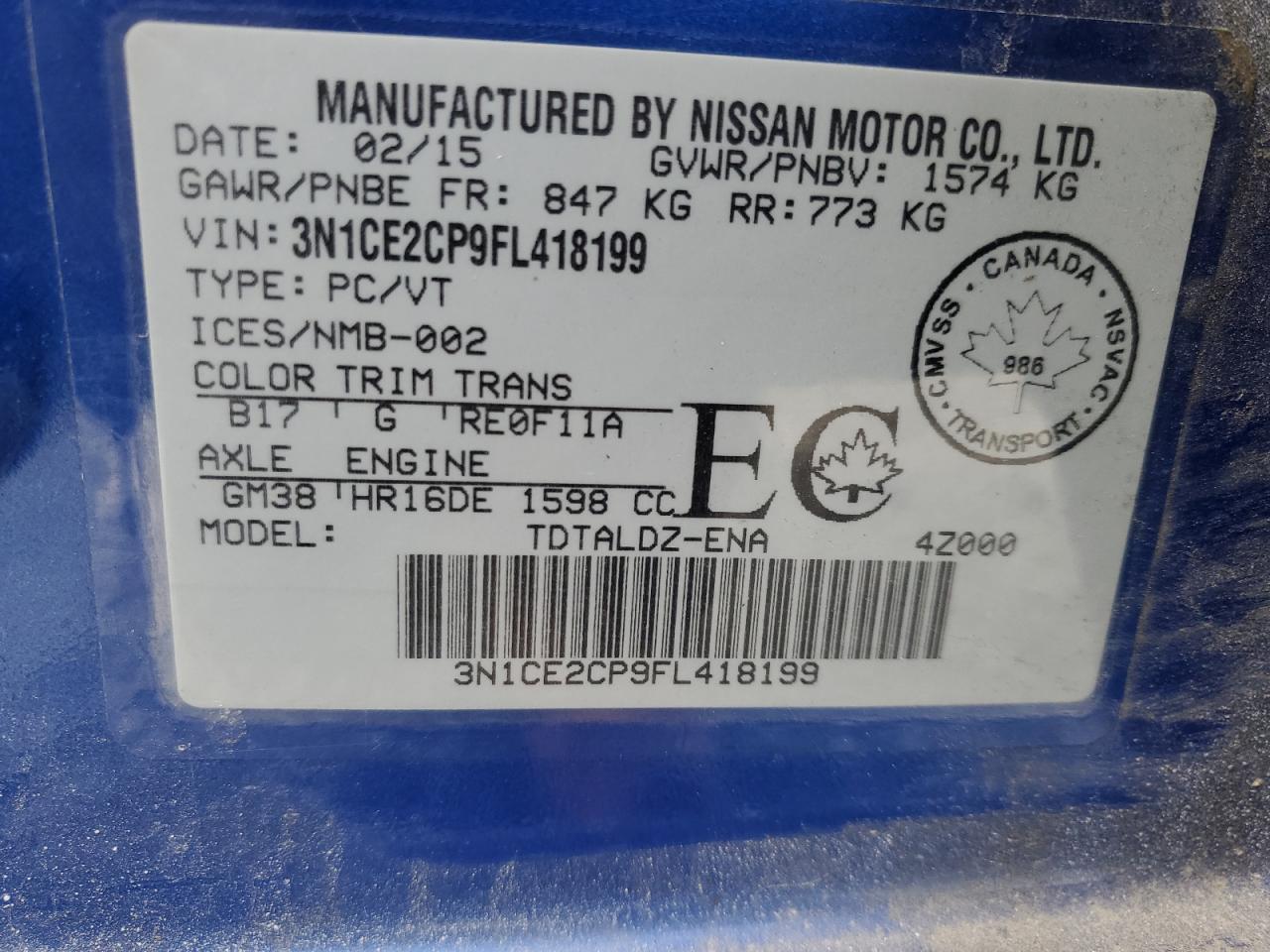 3N1CE2CP9FL418199 2015 Nissan Versa Note S