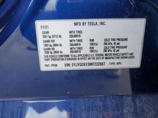 5YJYGDEE9MF232887 | 2021 TESLA MODEL Y