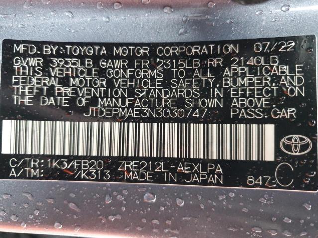 JTDEPMAE3N3030747 | 2022 TOYOTA COROLLA LE