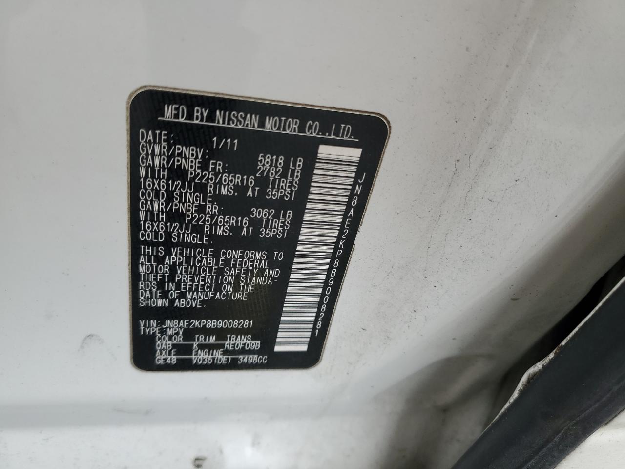 jn8ae2kp8b9008281 JN8AE2KP8B9008281 2011 Nissan Quest S